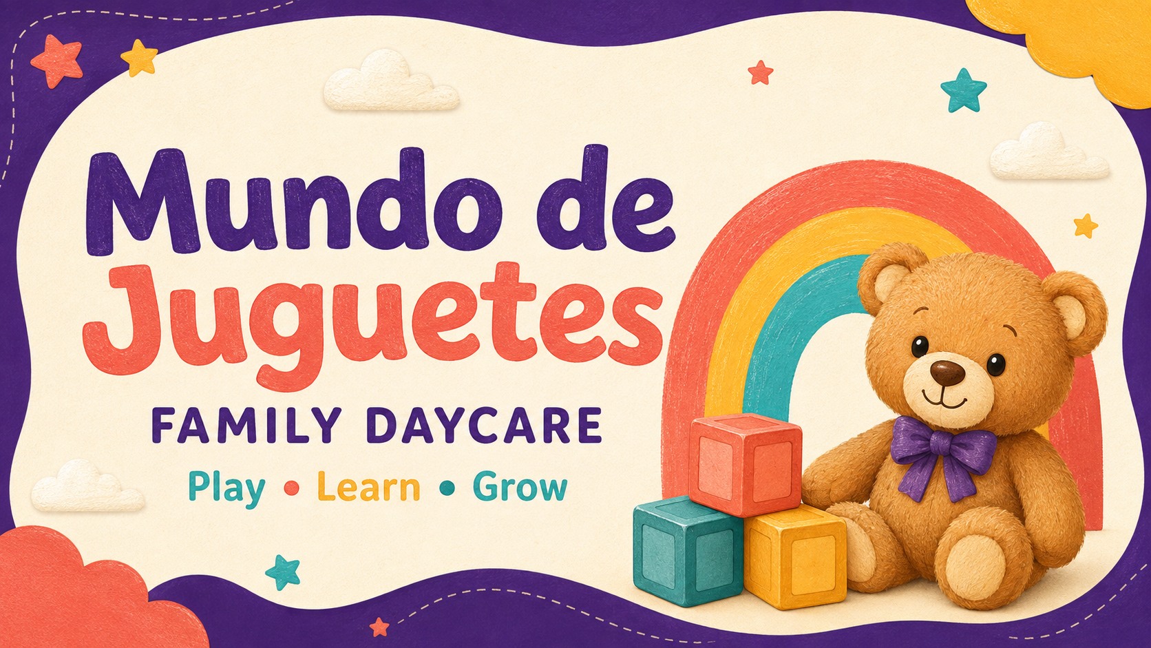 Mundo de Juguetes Family Daycare with a teddy bear and rainbow